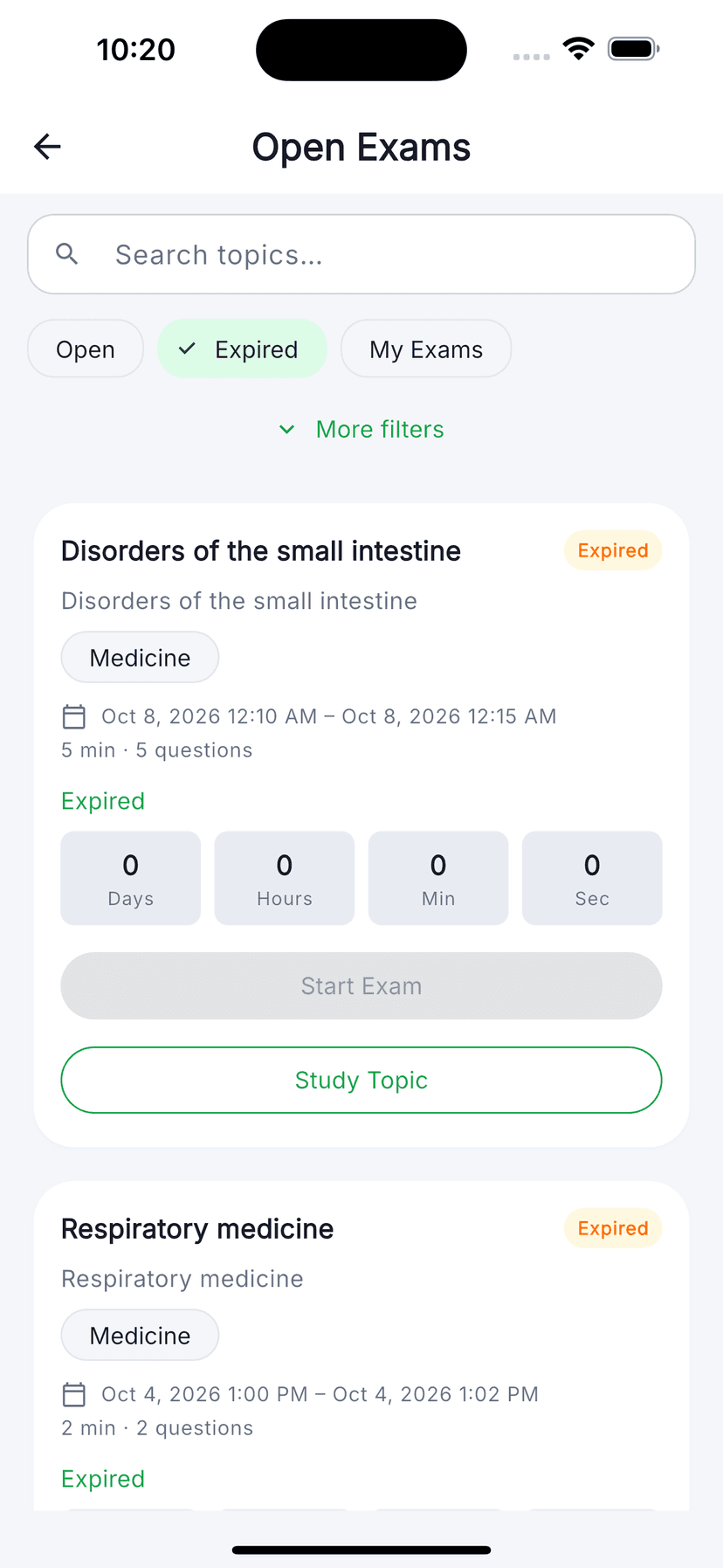 Open Exams list with filters for timed practice