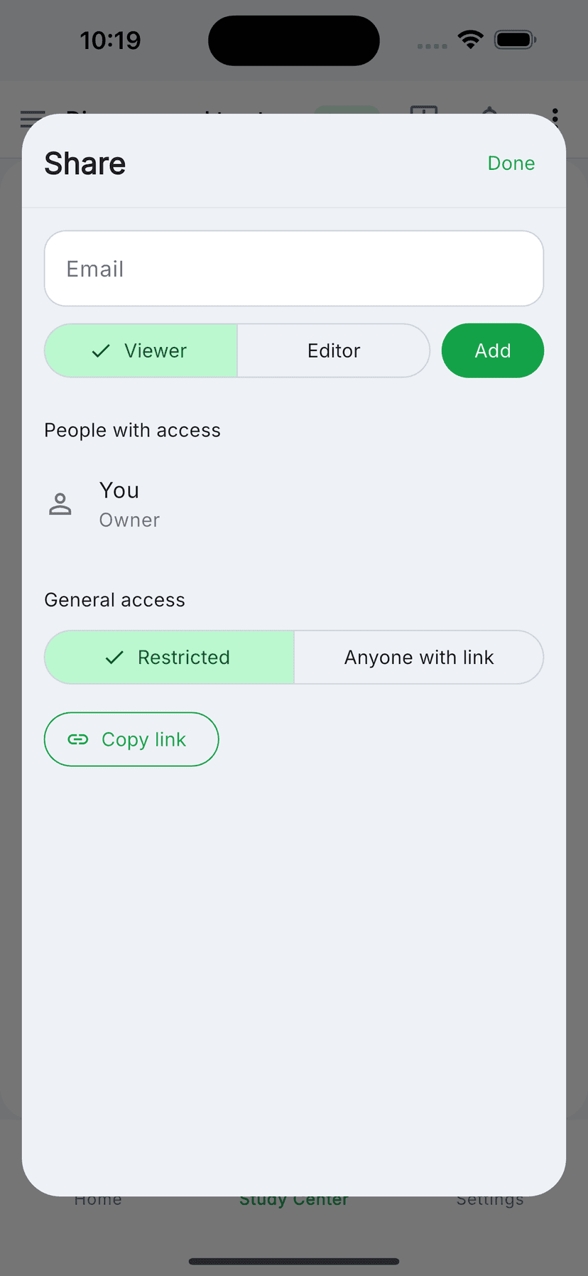 Share modal to invite classmates to a study topic